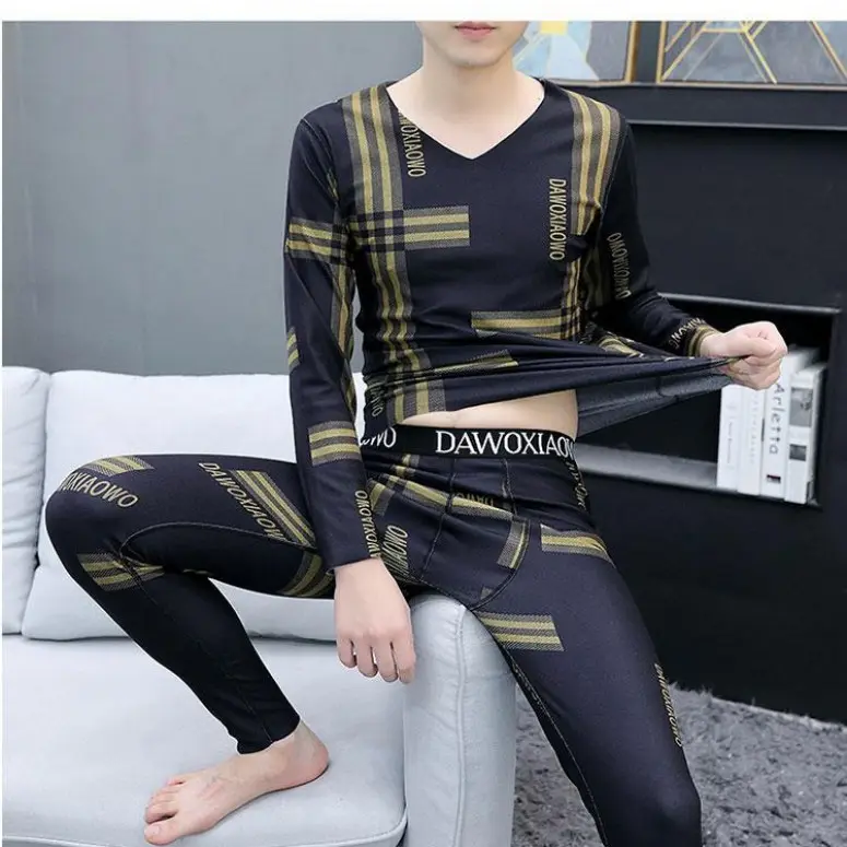 海纳千川秋冬男德绒保暖内衣套装V领薄款加绒打底毛衫防寒秋衣裤