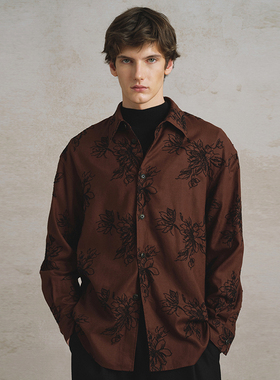 「25早春」SageSalt 棕红底黑莲花刺绣男女长袖衬衫 1034BR