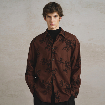 「25早春」SageSalt 棕红底黑莲花刺绣男女长袖衬衫 1034BR