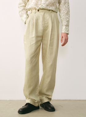 「春夏新品」SageSalt浅草绿色亚麻双褶长裤 3037GN