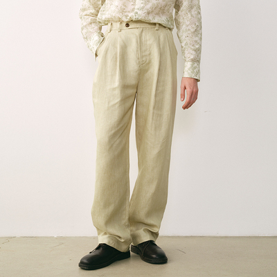 「春夏新品」SageSalt浅草绿色亚麻双褶长裤 3037GN