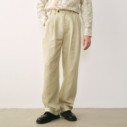 SageSalt浅草绿色亚麻双褶长裤 3037GN