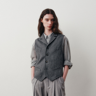 「秋冬新品」 SageSalt Special Release冷灰人字纹驳领工作马甲