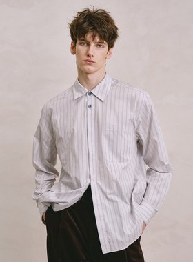 「春夏新品」SageSalt 浅灰蓝 纯棉条纹长袖衬衫 1037LG