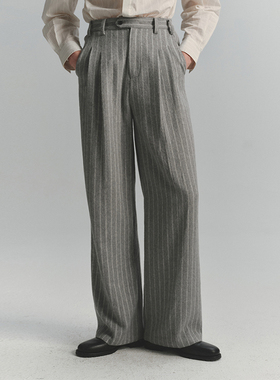 SageSalt 早秋限定系列 浅灰色羊毛混纺条纹男女西裤 3026GS