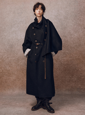 「秋冬新品」SageSalt 双面呢黑色纯羊毛 可拆卸围巾领大衣9024BK