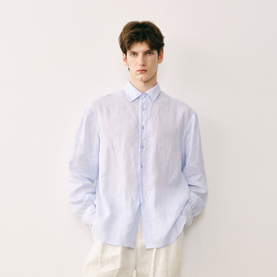 「春夏新品」SageSalt 意产亚麻水蓝色碎褶长袖衬衫 1045LB