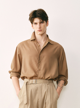 「春夏新品」SageSalt 深茶色真丝混纺碎褶长袖衬衫 1045CK