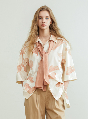 SSalt 橘粉色植物印花短袖男女衬衫 水墨古典特质清新自然 1030PK