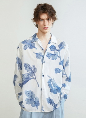 SSalt 纯棉条纹蓝色印花古巴领衬衫  柔软轻盈1025BL