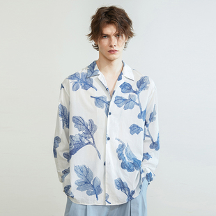 SSalt 柔软轻盈1025BL 纯棉条纹蓝色印花古巴领衬衫