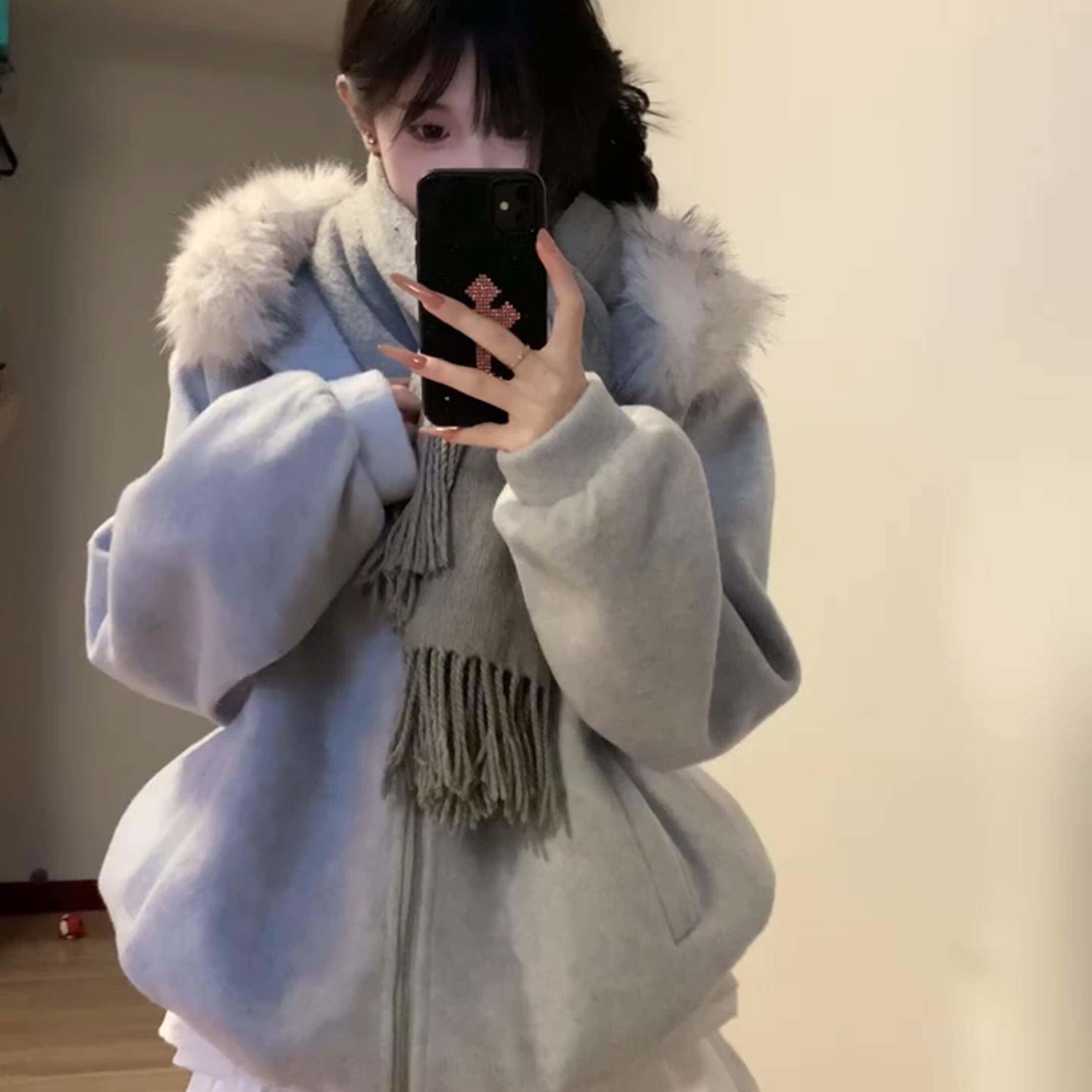 甜美大毛领连帽毛呢卫衣外套女秋冬季2025新款高级感宽松呢子大衣