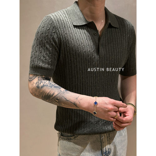 AUSTINBEAUTY【经典绞花】夏季新品针织细绞花polo领短袖老钱百搭