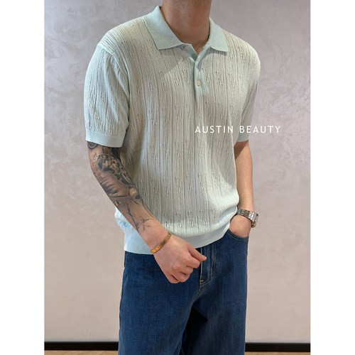 AUSTINBEAUTY【云隙闲风】亚麻肌理镂空针织Polo衫短袖透气
