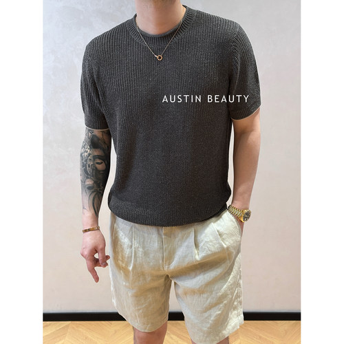 AUSTINBEAUTY【B-C专场】莱赛尔亚麻元宝针卷边圆领短袖T恤