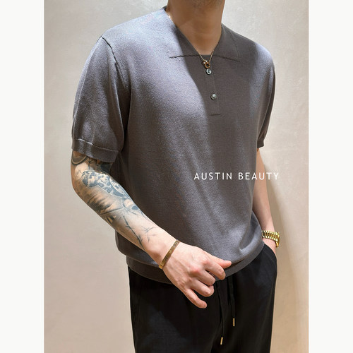 AUSTINBEAUTY【澜风简致】男士夏针织Polo衫短袖极简假翻领通勤