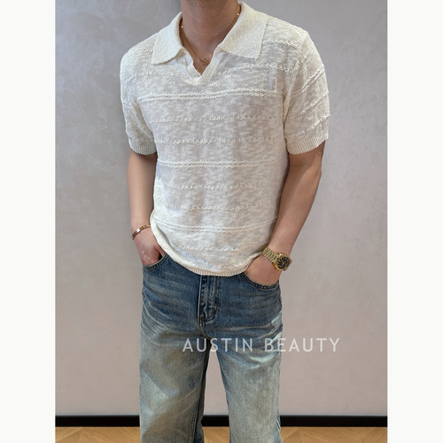 AUSTINBEAUTY【云纹慢调】松弛感肌理夏季条纹海鸥领针织短袖上衣