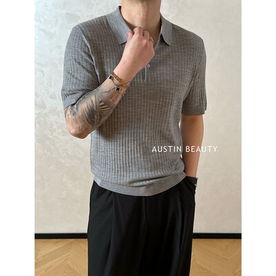 AUSTINBEAUTY【静奢新贵】100%绵羊毛挑空针织polo短袖百搭