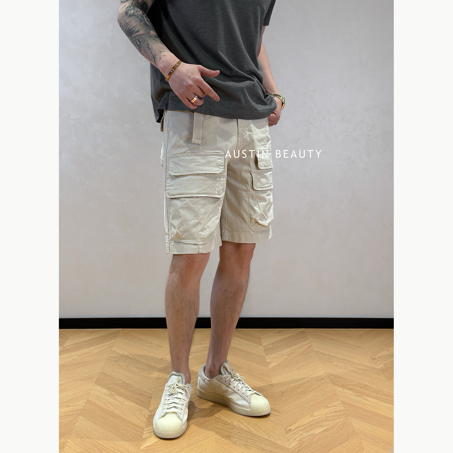 AUSTINBEAUTY 【松间逸致】男士工装短裤多口袋水洗做旧带腰带款