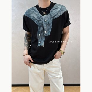 AUSTINBEAUTY【叠襟幻象】男士圆领t恤印花假两件设计感夏季短袖