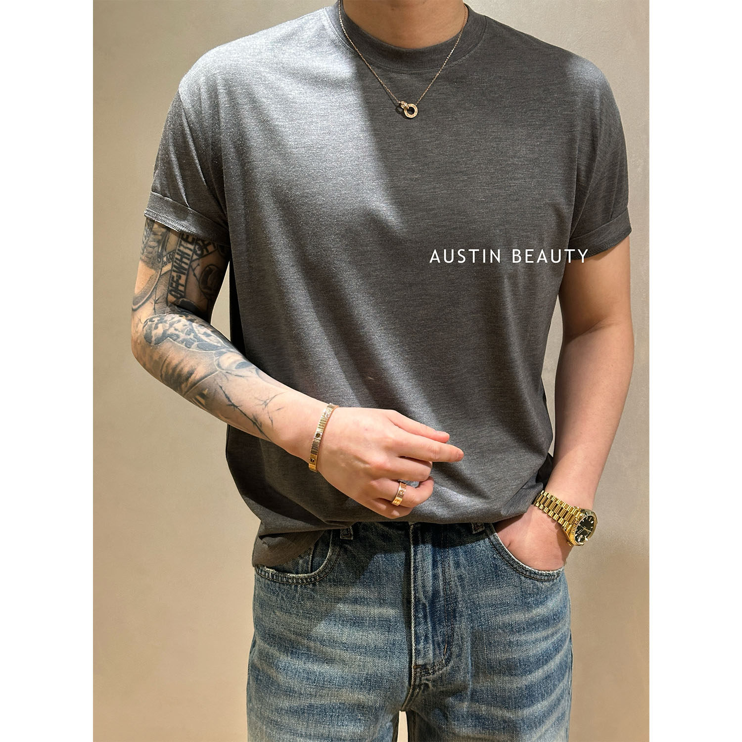 AUSTINBEAUTY2026夏季新款男士短袖上衣桑蚕丝混纺圆领高级感T恤