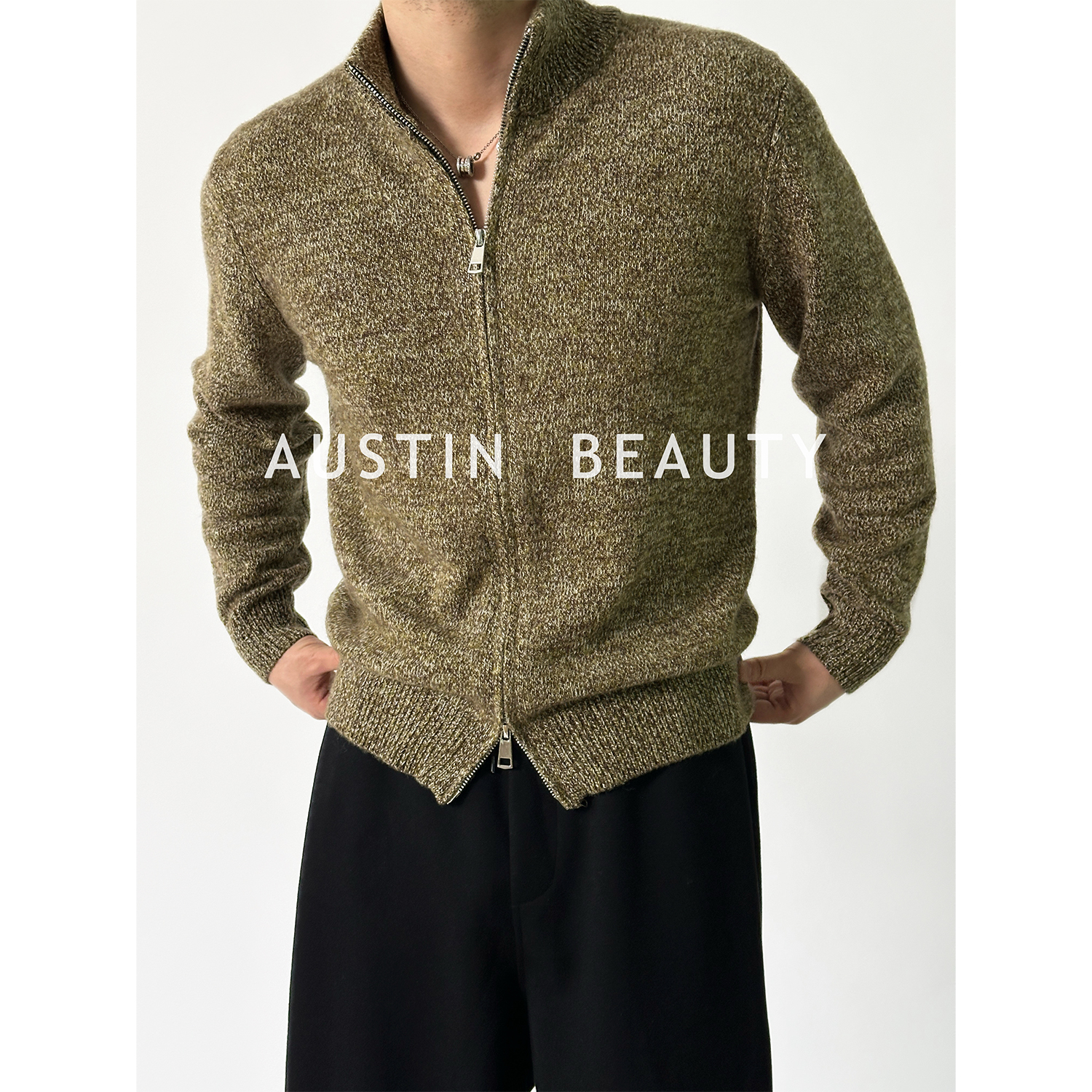 AUSTINBEAUTY【100%绵羊毛】入冬LP老钱风修身花纱门襟拉链开衫