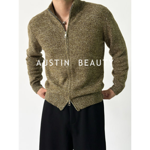 AUSTINBEAUTY【100%绵羊毛】入冬LP老钱风修身花纱门襟拉链开衫