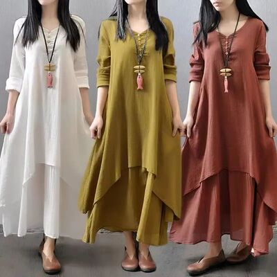 Irregular button women's cotton and linen pocket dress Korea