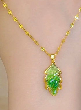 绿色叶子水晶吊坠钛钢项链小众设计感时尚颈链气质百搭锁骨链