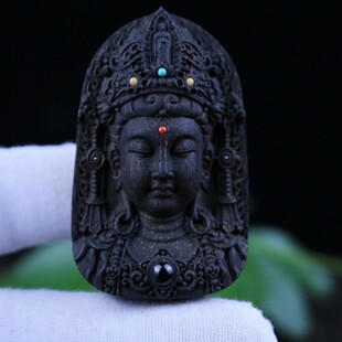 越南芽庄黑棋楠沉香手工精雕观音吊坠无事牌配绳沉香原料随型把件