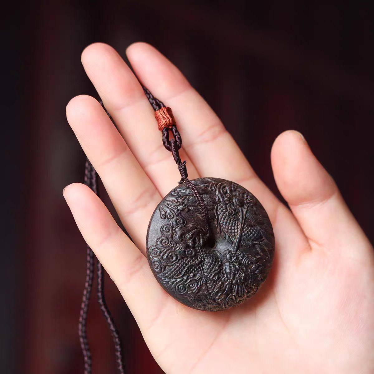 沉香木雕刻祥龙平安扣项链吊坠包包挂件饰品男女礼物生肖龙牌挂脖