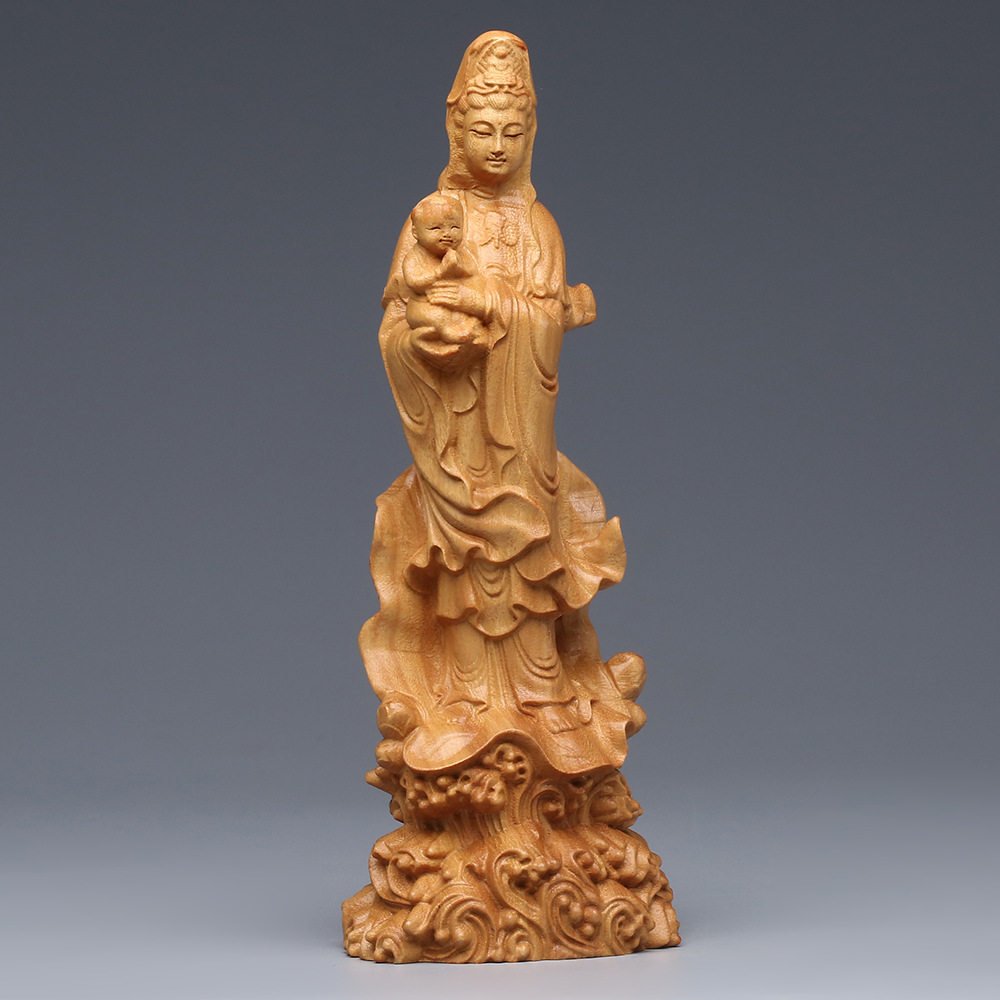 崖柏木雕送子观音佛像摆件 求子接好孕家用佛堂保平安工艺品