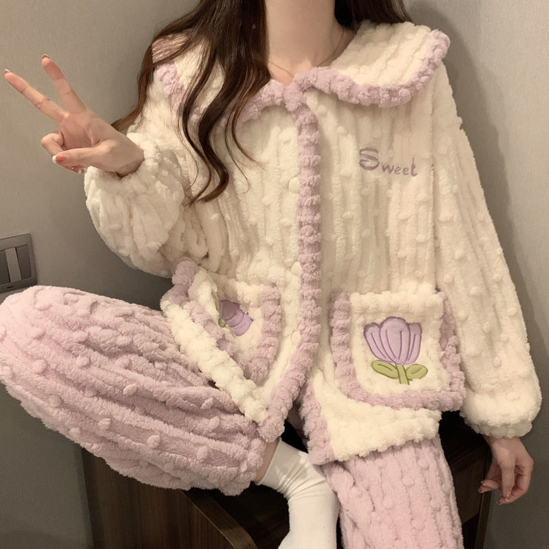 珊瑚绒睡衣女秋冬季款加厚加绒甜美可爱法兰绒冬天保暖家居服套装