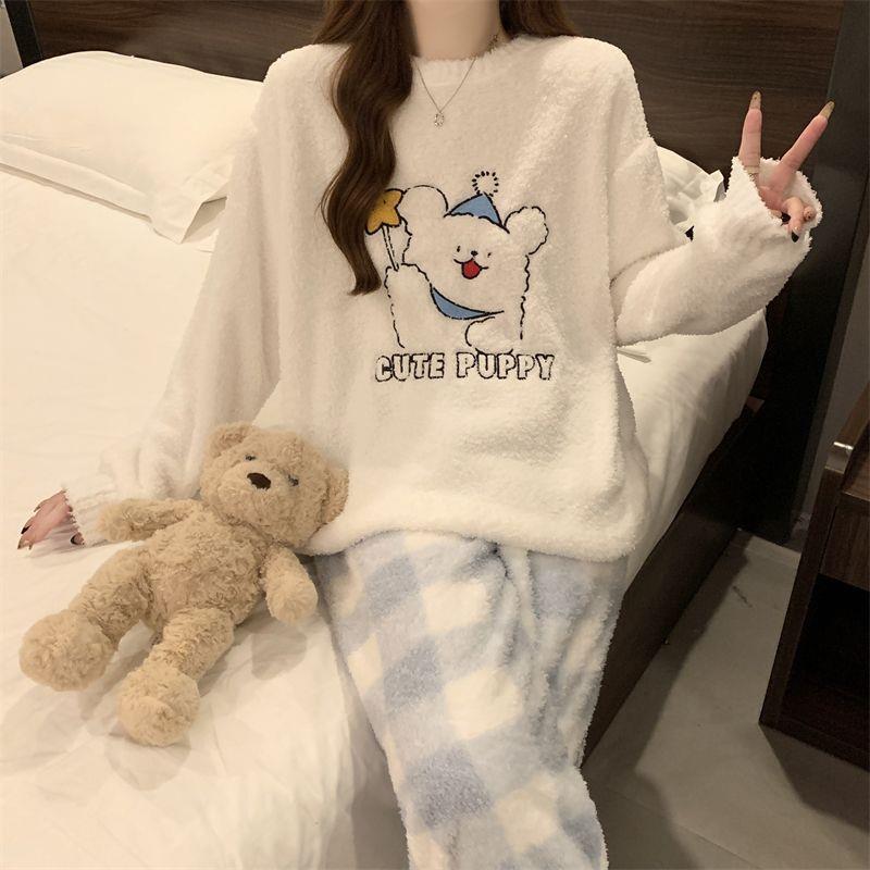 线条小狗冬季新款半边绒女款长袖加绒加厚保暖睡衣宽松少女家居服