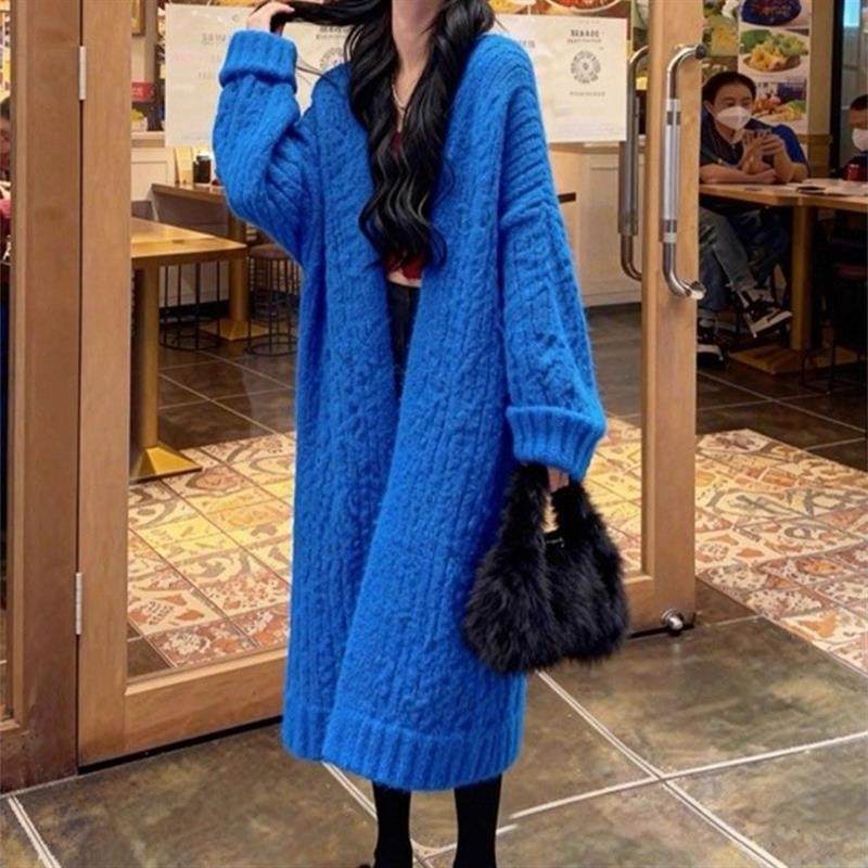 韩版气质宽松慵懒风2025秋冬季新款蓝色加厚长款过膝毛衣开衫女装,女装/女士精品,时尚套装,淘宝优惠券,粉丝福利购,淘宝优惠卷