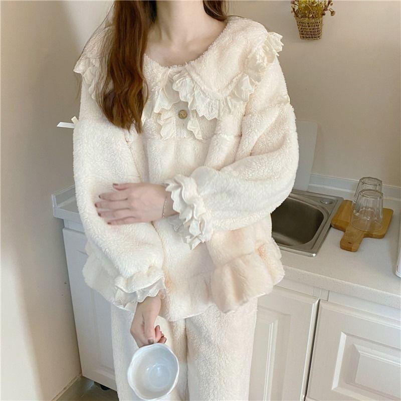 睡衣女秋冬加厚绒珊瑚绒ins学生保暖法兰绒甜美公主风家居服外穿