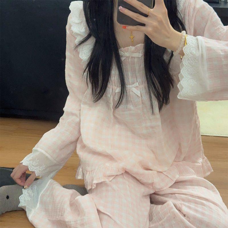 新款秋冬季纯棉纱布睡衣女小清新甜美花边粉格子宽松家居服两件套