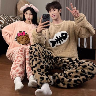 情侣睡衣一男一女秋冬季珊瑚绒卡通KT猫加厚套头家居服可外穿套装