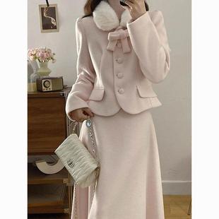 高腰显瘦a字半身裙气质收腰上衣 女冬季 法式 温柔风蝴蝶结外套套装