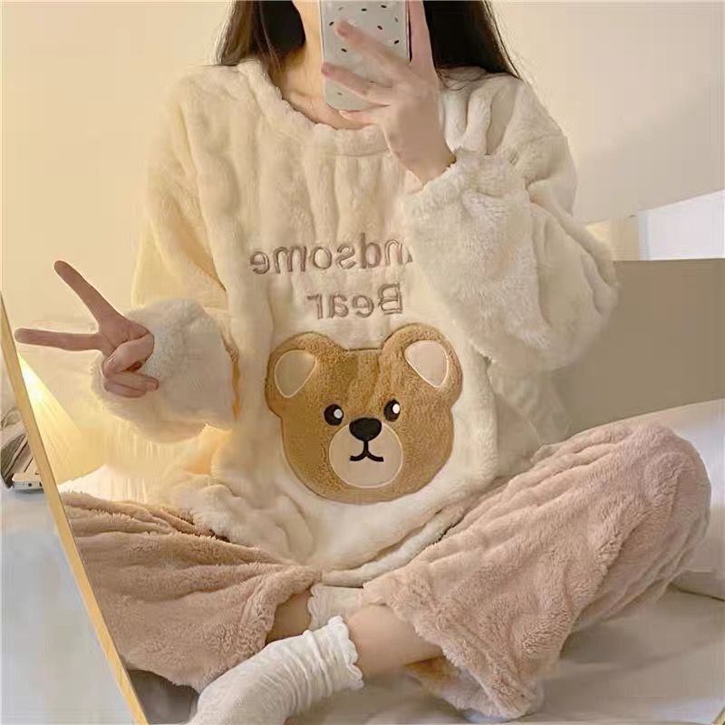 冬季睡衣女秋冬珊瑚绒网