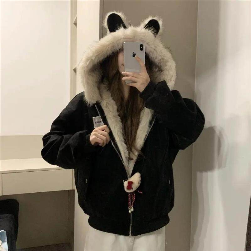 座山雕设计感兔耳朵毛领棉服外套男女加绒加厚夹克美式冬季棉衣潮,女装/女士精品,时尚套装,淘宝优惠券,粉丝福利购,淘宝优惠卷