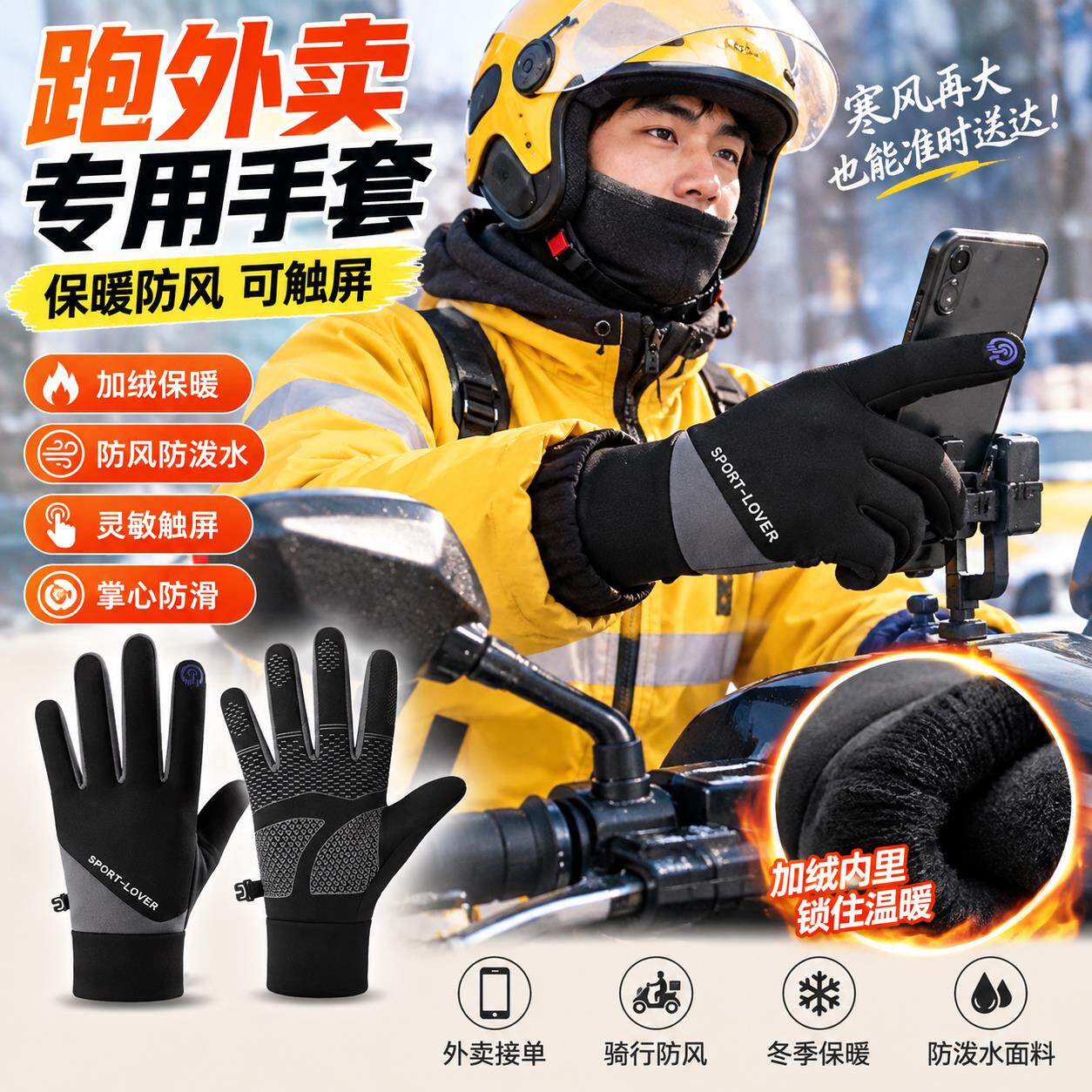 冬季跑外卖专用手套快递员骑手装备防风防水加绒保暖防寒骑行骑车