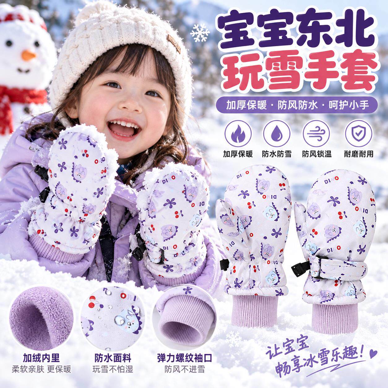宝宝小孩子东北玩雪滑雪手套婴儿保暖防水冬季儿童雪地打雪仗专用