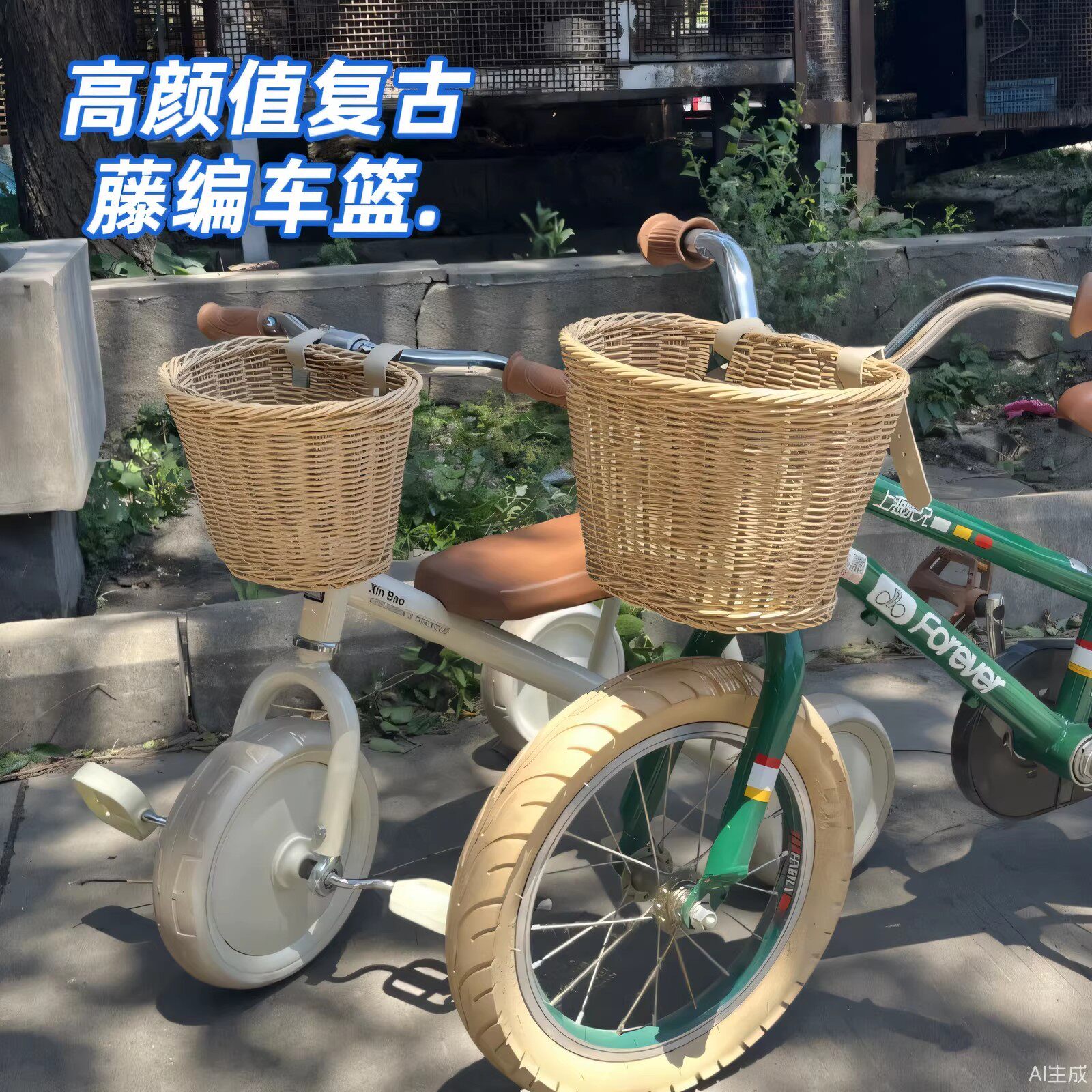 适用好孩子儿童自行车前车筐仿藤编织复古通用前置车篮大容量挂篮