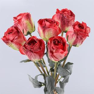 仿真浪漫焦边香水玫瑰花束复古轻奢餐桌插花家居婚庆用花布置假花