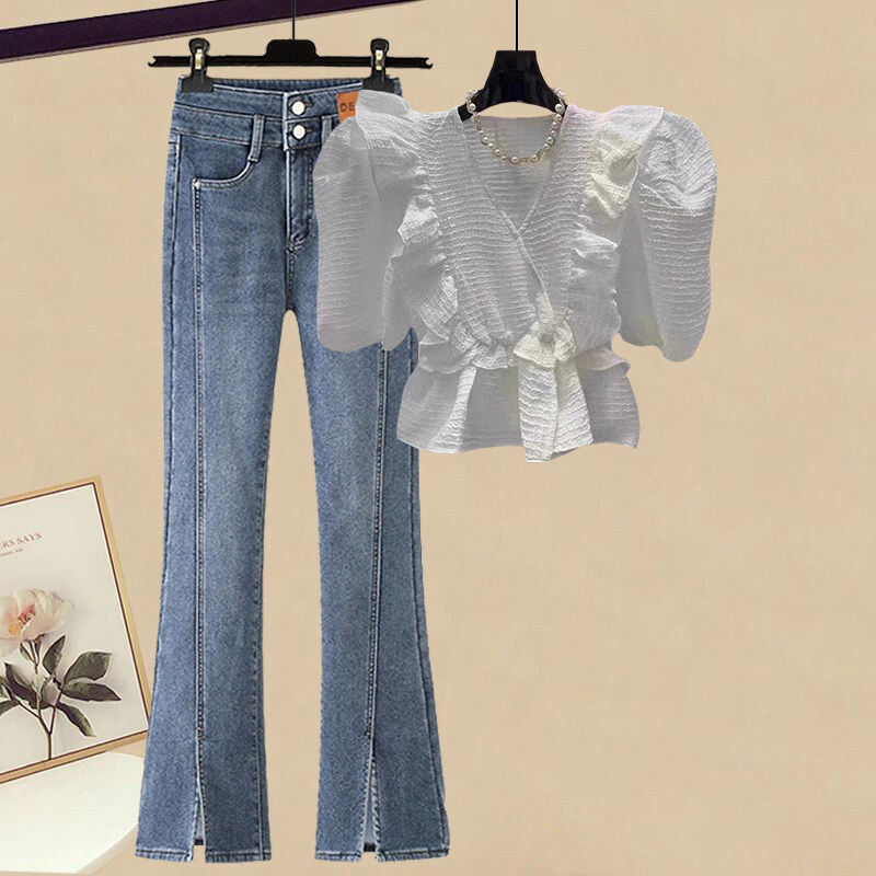 轻熟今年流行时尚夏季套装女小个子显高V领荷叶边衬衫阔腿