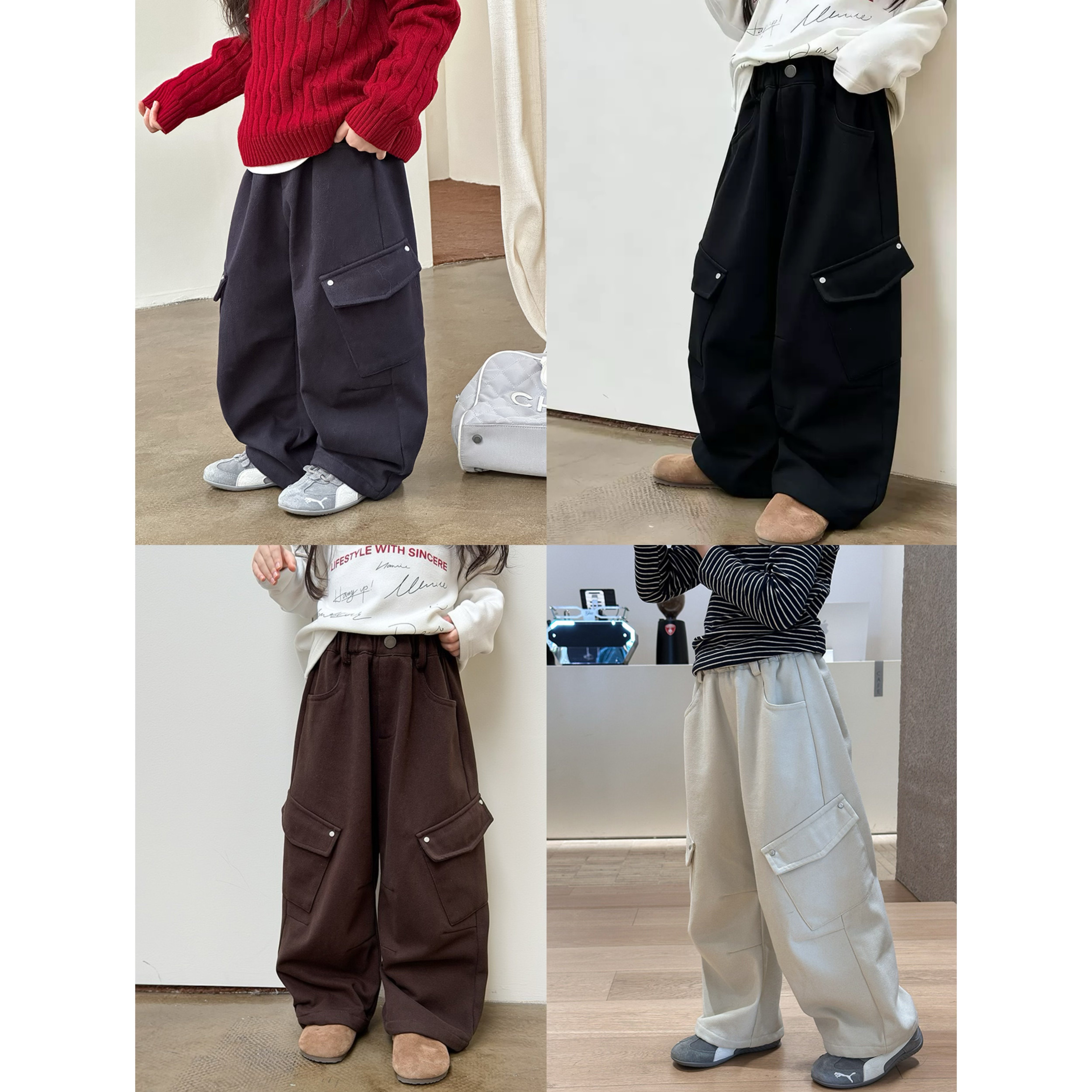 Morchee【加绒】儿童侧边口袋休闲裤潮男女童休闲时髦全棉工装裤