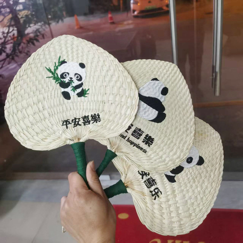 手工草编手摇团扇印字LOGO定制