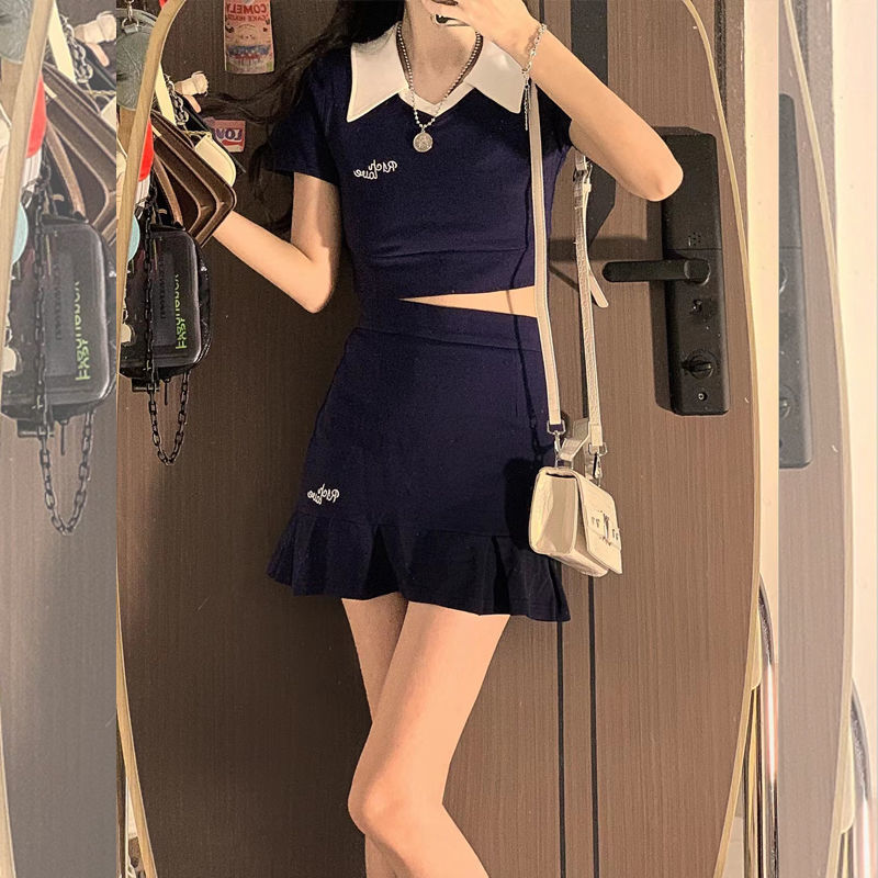 复古辣妹2023夏季新款海军蓝色水手服翻领拼色上衣短裙套装运动风