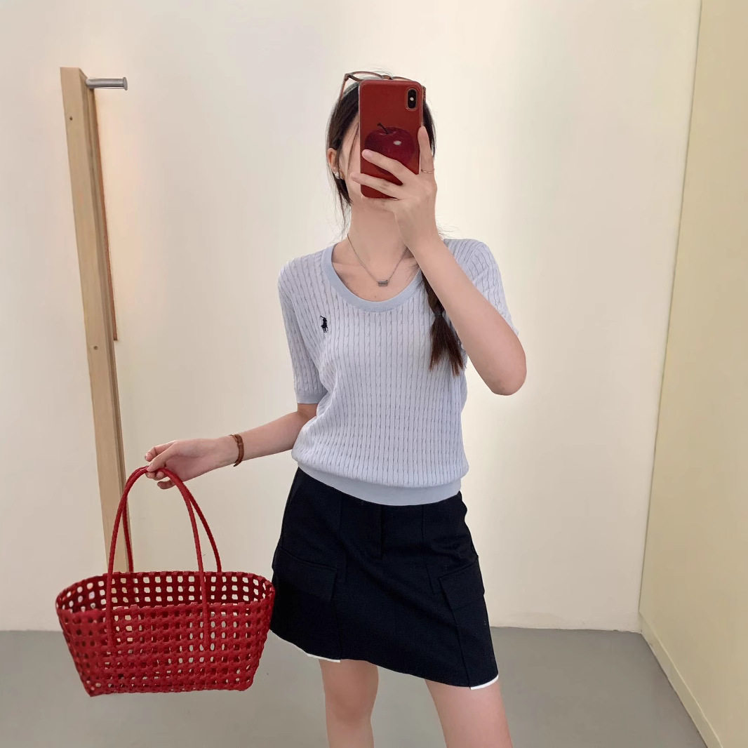 夏季小马标刺绣短袖针织衫毛衣女款天丝蚕丝气质通勤套头U领外贸